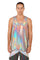 man wearing a holographic silver loose tank top from Love Khaos.