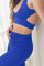 Cobalt blue cute sports bra with matching high waisted leggings made from eco friendly recycled plastic fabric by Ekoluxe sustainable loungewear brand